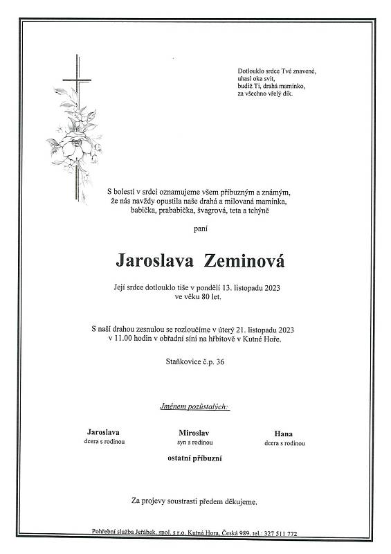 Smuteční oznámení: Jaroslava Zeminová.
