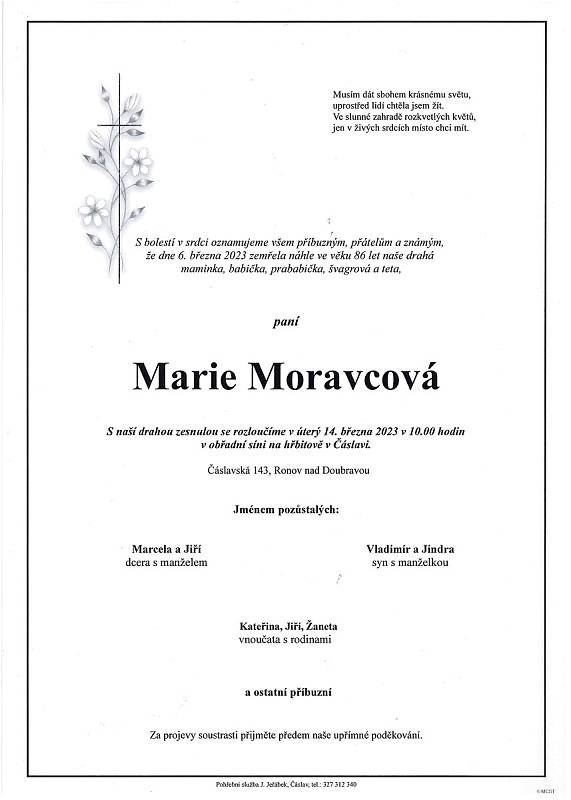 Smuteční oznámení: Marie Moravcová.