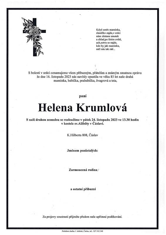 Smuteční oznámení: Helena Krumlová.