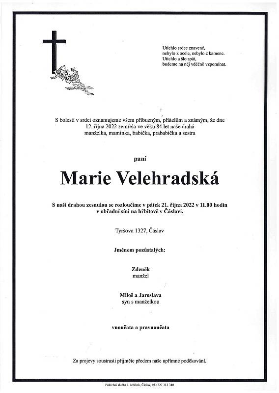 Smuteční oznámení: Marie Velehradská.