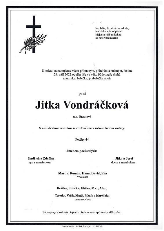 Smuteční oznámení: Jitka Vondráčková.