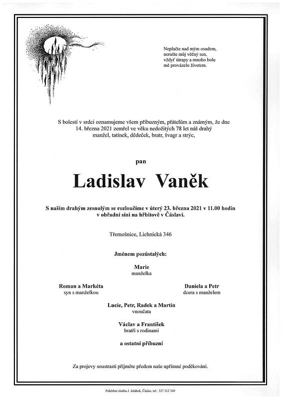 Smuteční oznámení: Ladislav Vaněk.
