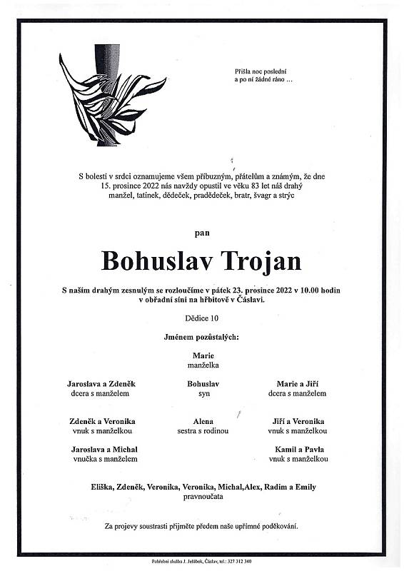 Smuteční oznámení: Bohuslav Trojan.