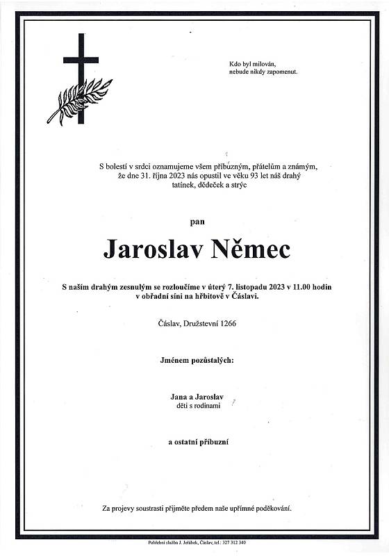 Smuteční oznámení: Jaroslav Němec.