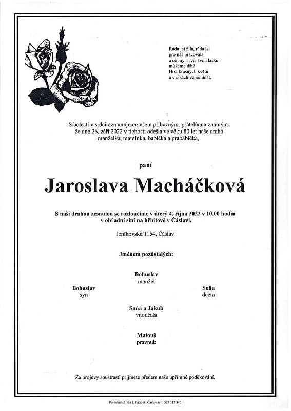 Smuteční oznámení: Jaroslava Macháčková.