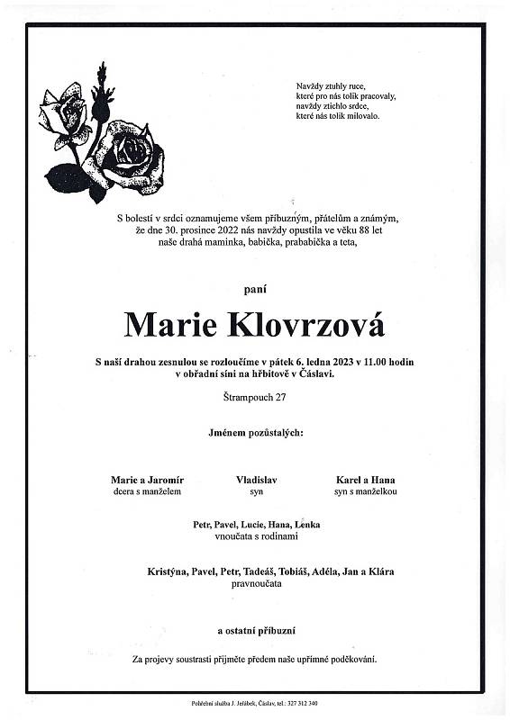 Smuteční oznámení: Marie Klovrzová.