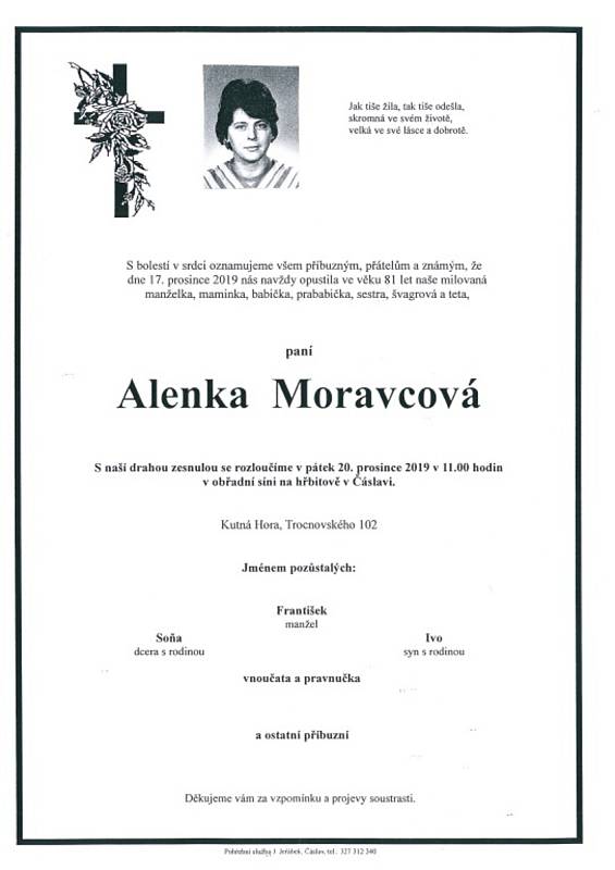 Smuteční parte: Alenka Moravcová.