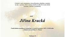Smuteční oznámení: Jiřina Krucká.