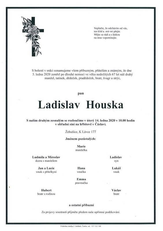 Smuteční parte: Ladislav Houska.