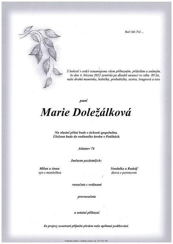 Smuteční oznámení: Marie Doležálková.