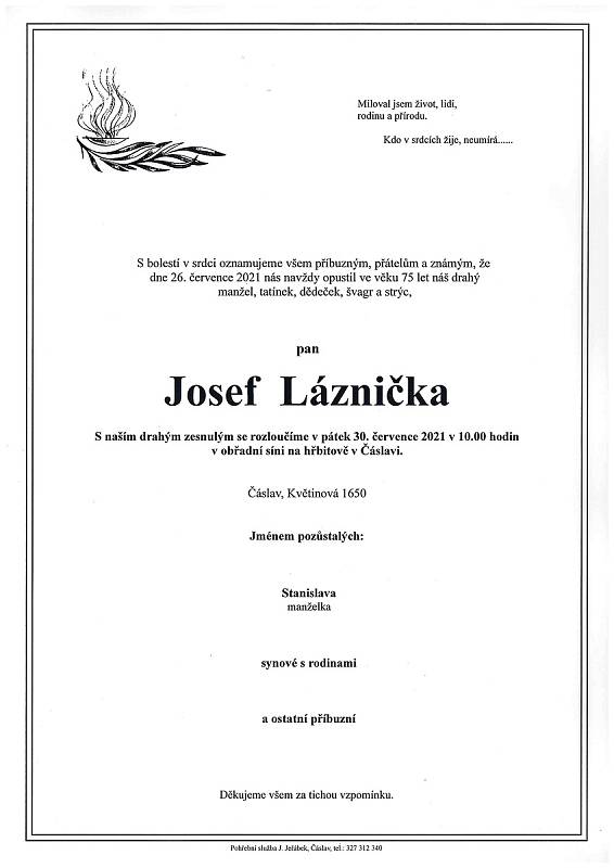 Smuteční oznámení: Josef Láznička.