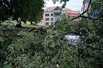 Na kutnohorském náměstí Národního odboje silný vichr odlomil část stromu, ta se zřítila na zaparkované auto.