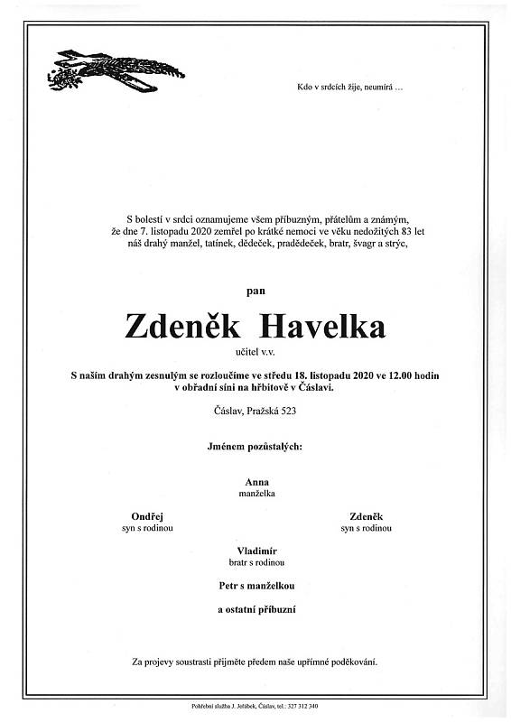 Smuteční parte: Zdeněk Havelka.