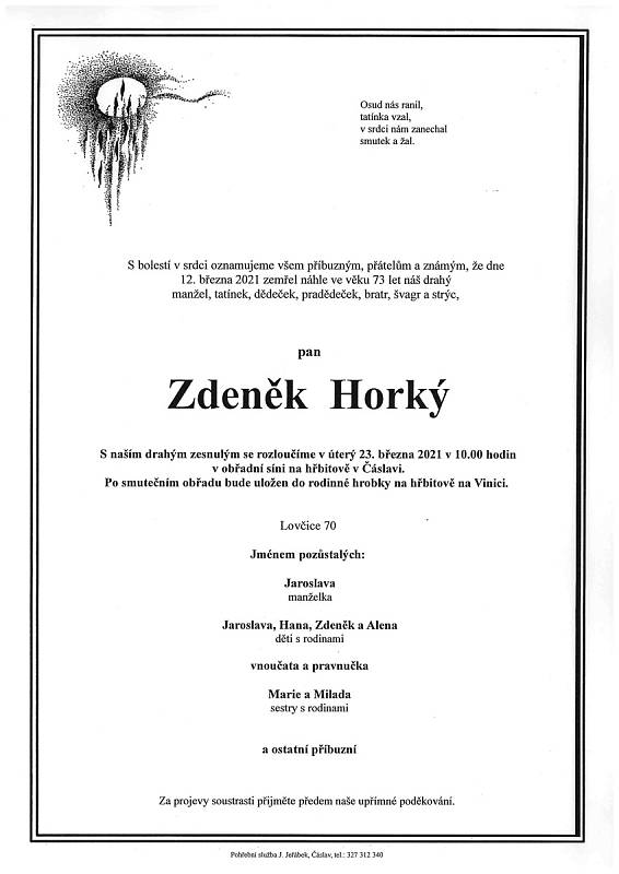 Smuteční oznámení: Zdeněk Horký.