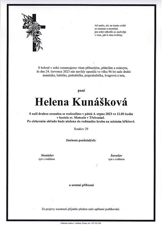 Smuteční oznámení: Helena Kunášková.