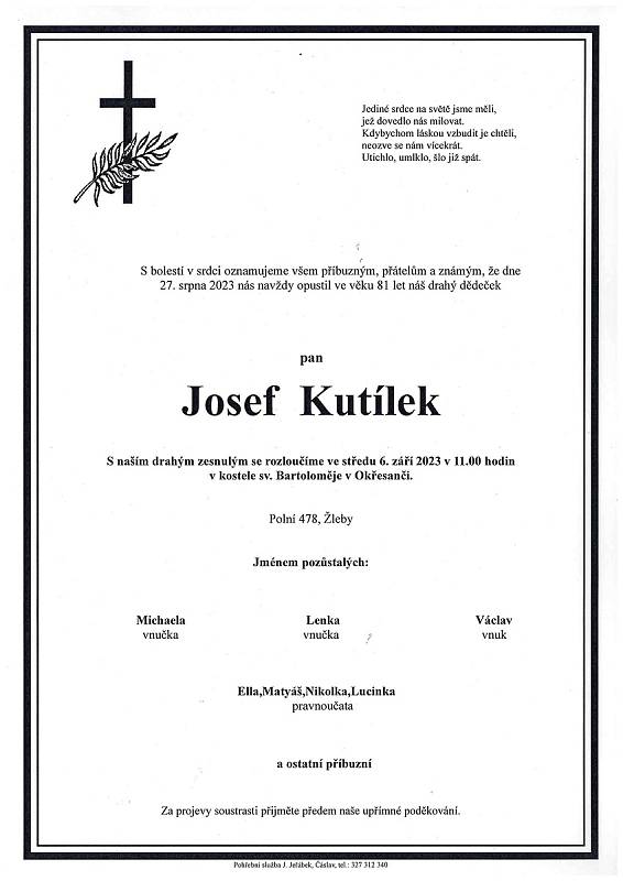 Smuteční oznámení: Josef Kutílek.