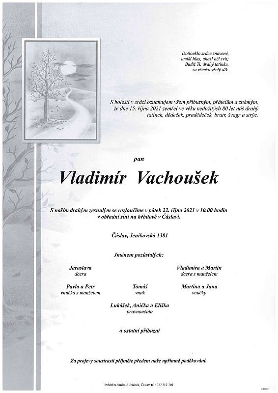 Smuteční oznámení: Vladimír Vachoušek.