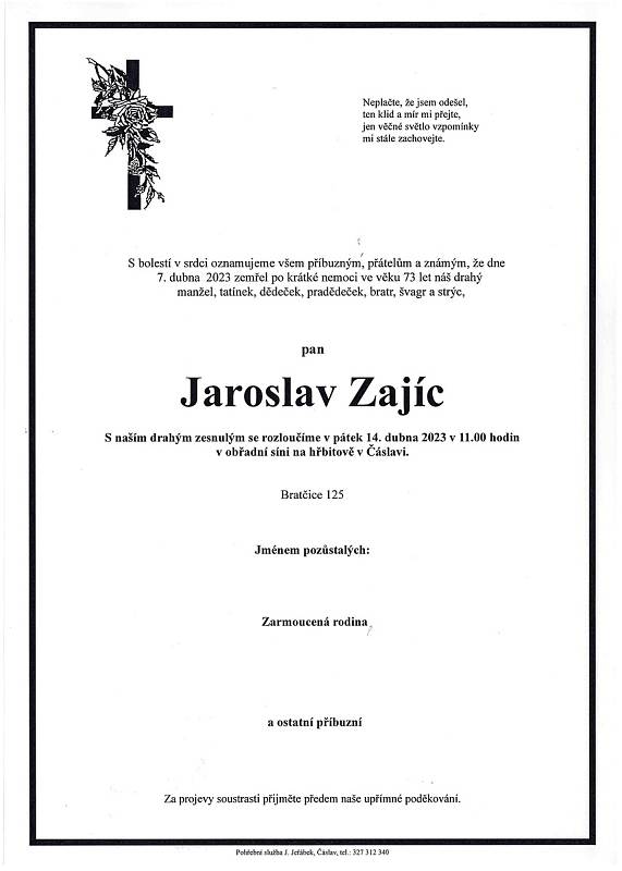 Smuteční oznámení: Jaroslav Zajíc.