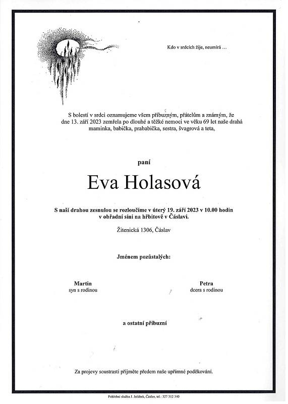 Smuteční oznámení: Eva Holasová.