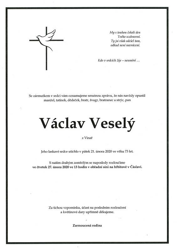 Smuteční parte: Václav Veselý.