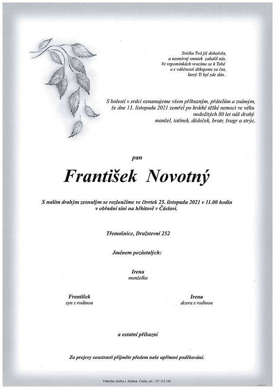 Smuteční oznámení: František Novotný.
