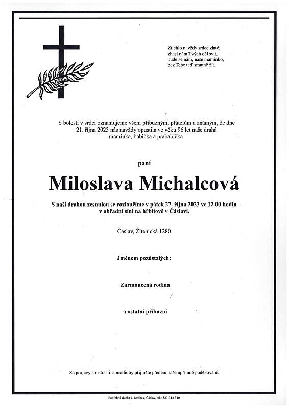 Smuteční oznámení: Miloslava Michalcová.