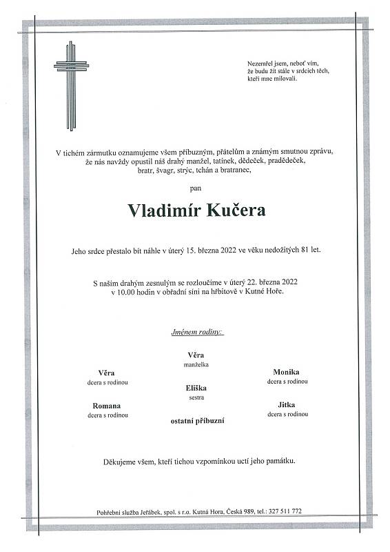 Smuteční oznámení: Vladimír Kučera.