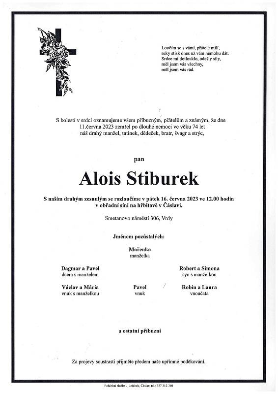 Smuteční oznámení: Alois Stiburek.