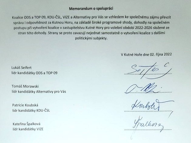 Memorandum o spolupráci při vytváření koalice v zastupitelstvu Kutné Hory pro volební období 2022 - 2026.