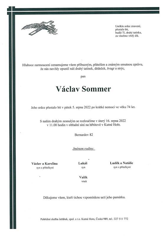 Smuteční oznámení: Václav Sommer.