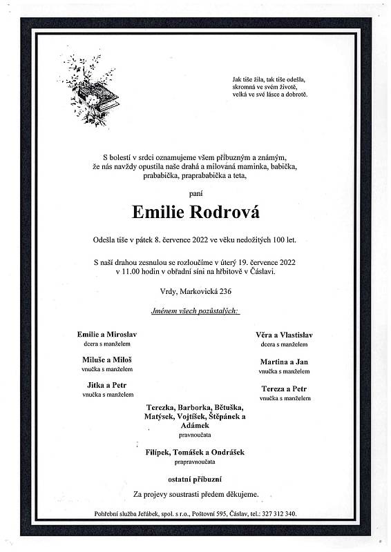 Smuteční oznámení: Emilie Rodrová.