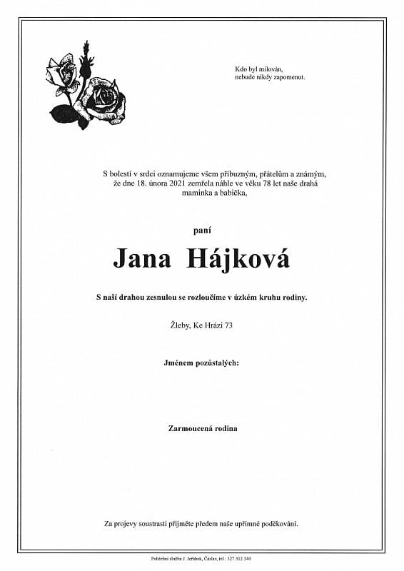 Smuteční parte: Jana Hájková.