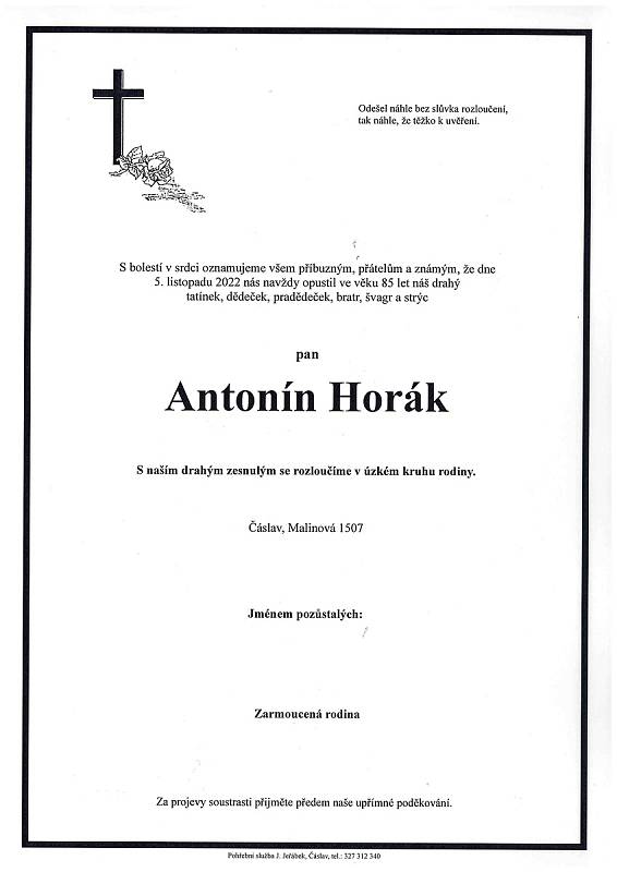 Smuteční oznámení: Antonín Horák.