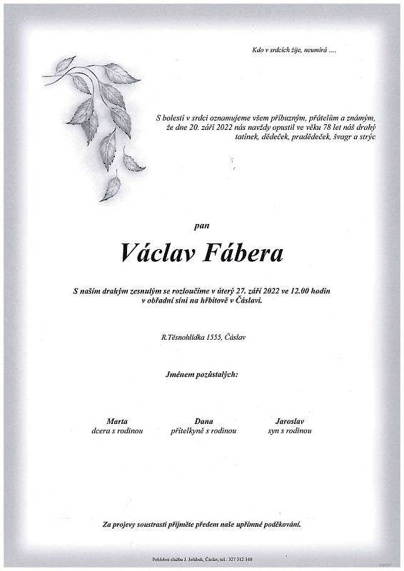 Smuteční oznámení: Václav Fábera.