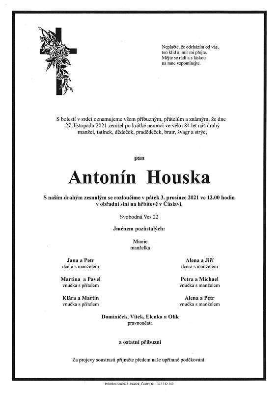 Smuteční oznámení: Antonín Houska.