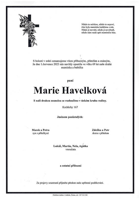 Smuteční oznámení: Marie Havelková.