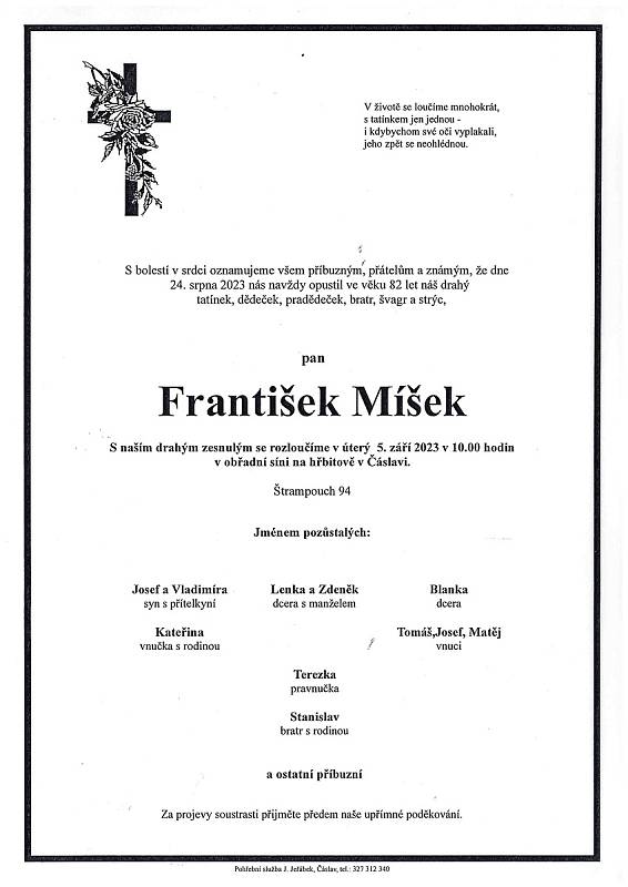 Smuteční oznámení: František Míšek.