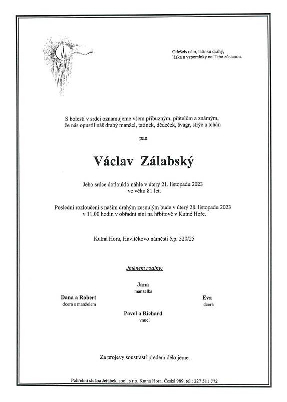 Smuteční oznámení: Václav Zálabský.