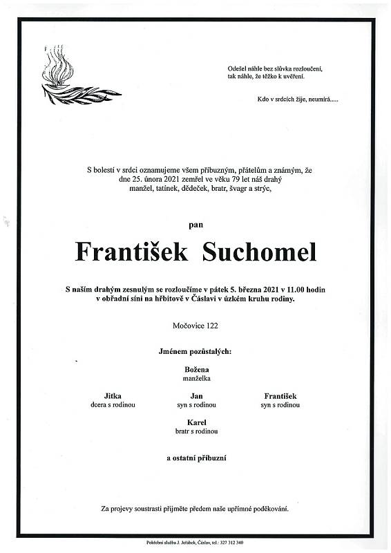 Smuteční parte: František Suchomel.