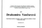 Smuteční parte: Drahomíra Vančurová.