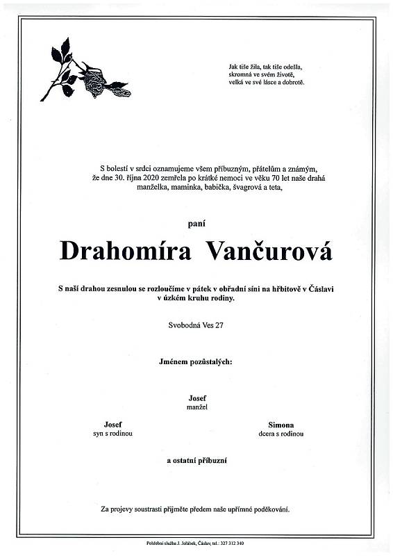 Smuteční parte: Drahomíra Vančurová.