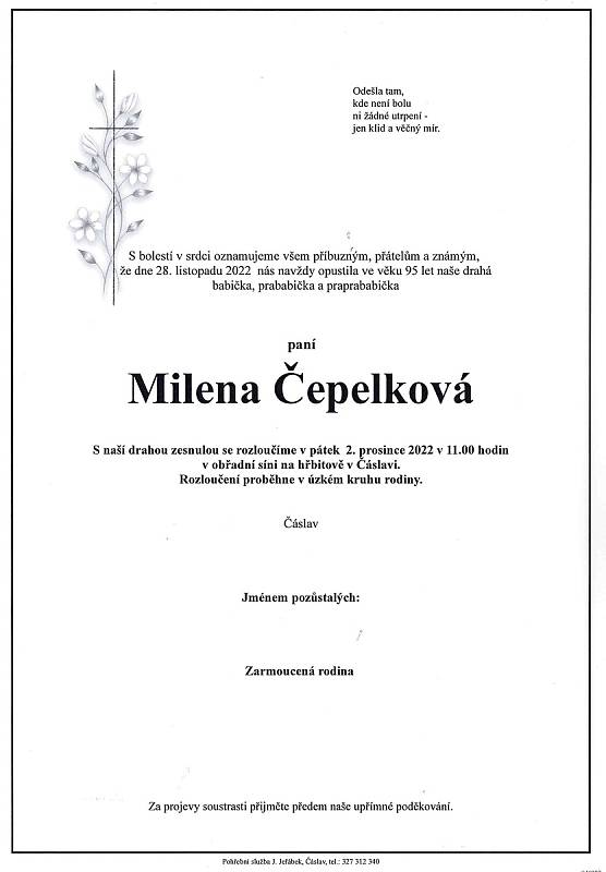 Smuteční oznámení: Milena Čepelková.