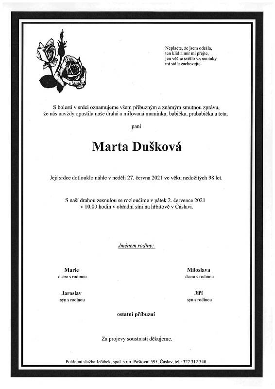 Smuteční oznámení: Marta Dušková.