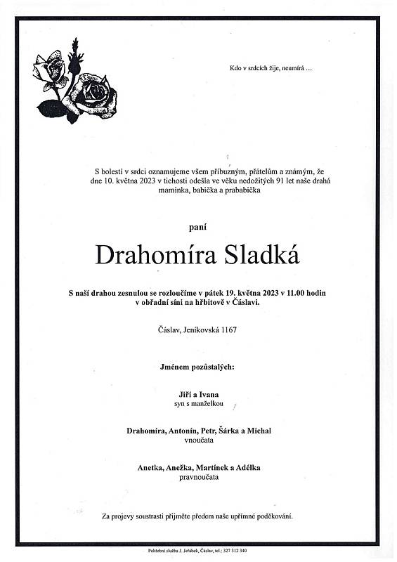Smuteční oznámení: Drahomíra Sladká.