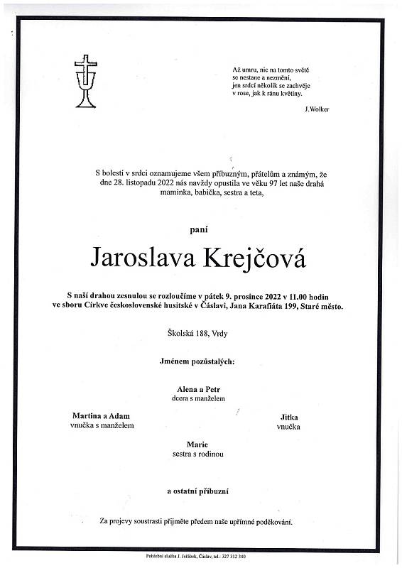 Smuteční oznámení: Jaroslava Krejčová.