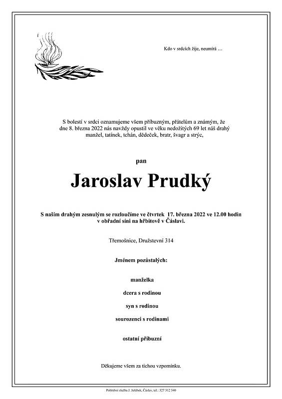 Smuteční oznámení: Jaroslav Prudký.