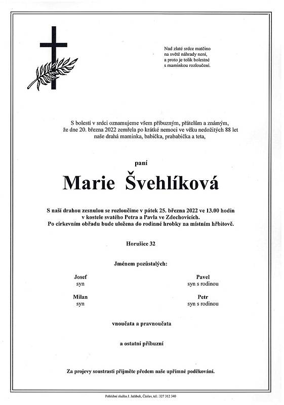 Smuteční oznámení: Marie Švehlíková.
