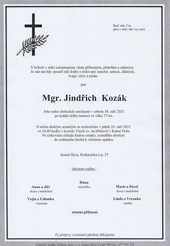 Smuteční oznámení: Mgr. Jindřich Kozák.