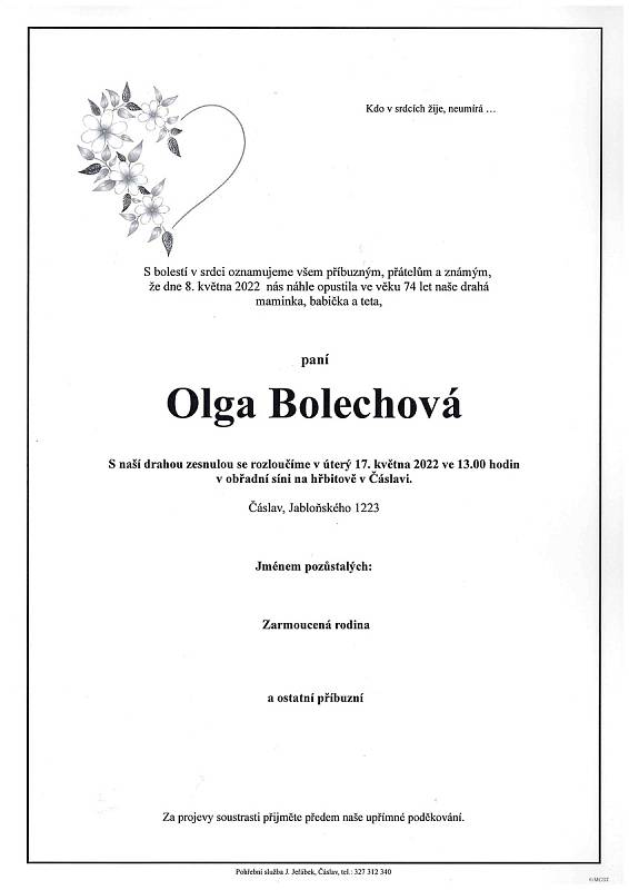 Smuteční oznámení: Olga Bolechová.