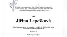 Smuteční oznámení: Jiřina Lepešková